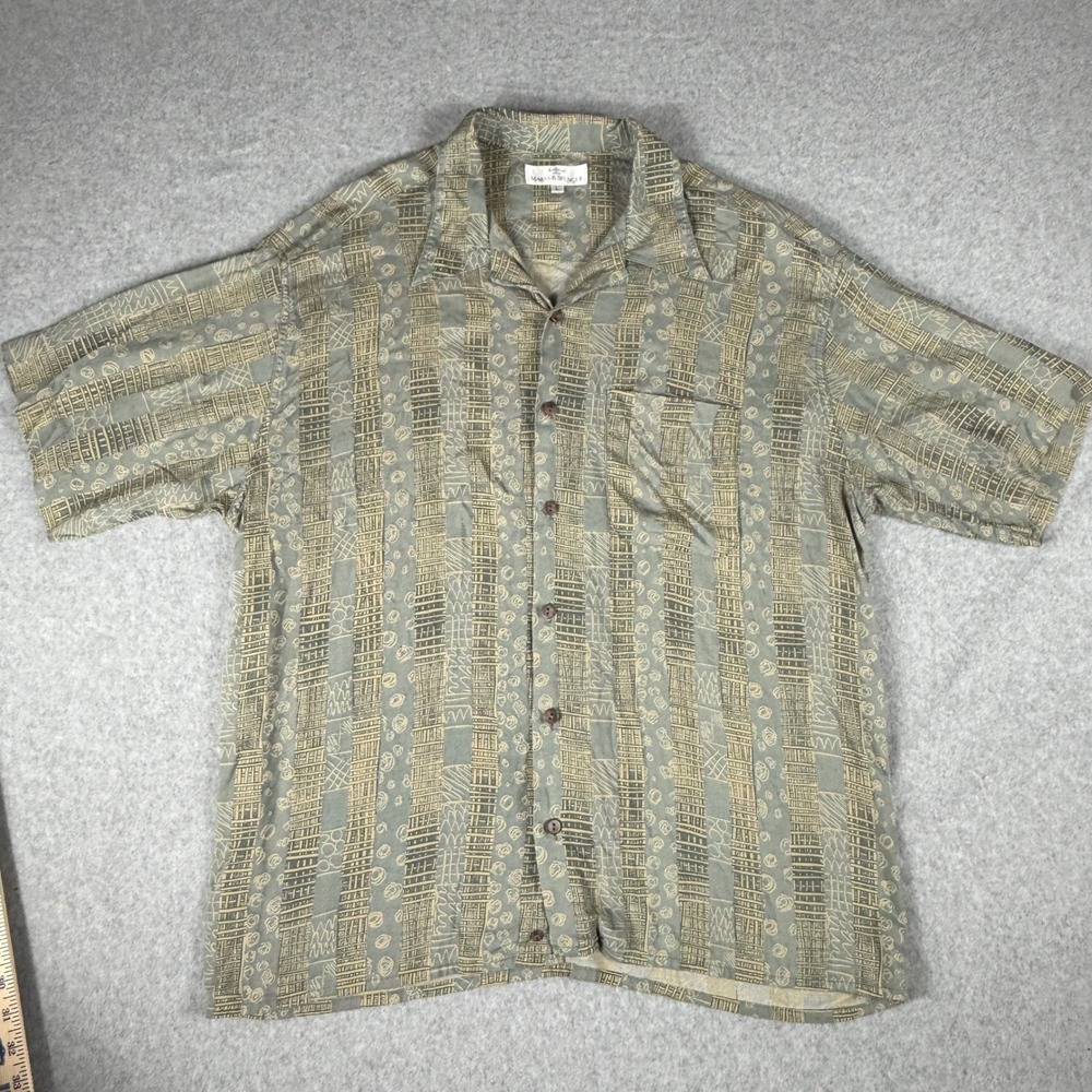 St Michael Marks & Spencer Shirt Large Almond Green Geometric Tribal Vintage 90s